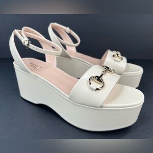 Gucci Horsebit Logo Ivory Leather Wedge Anke Strap Platform Sandals EU 40.5